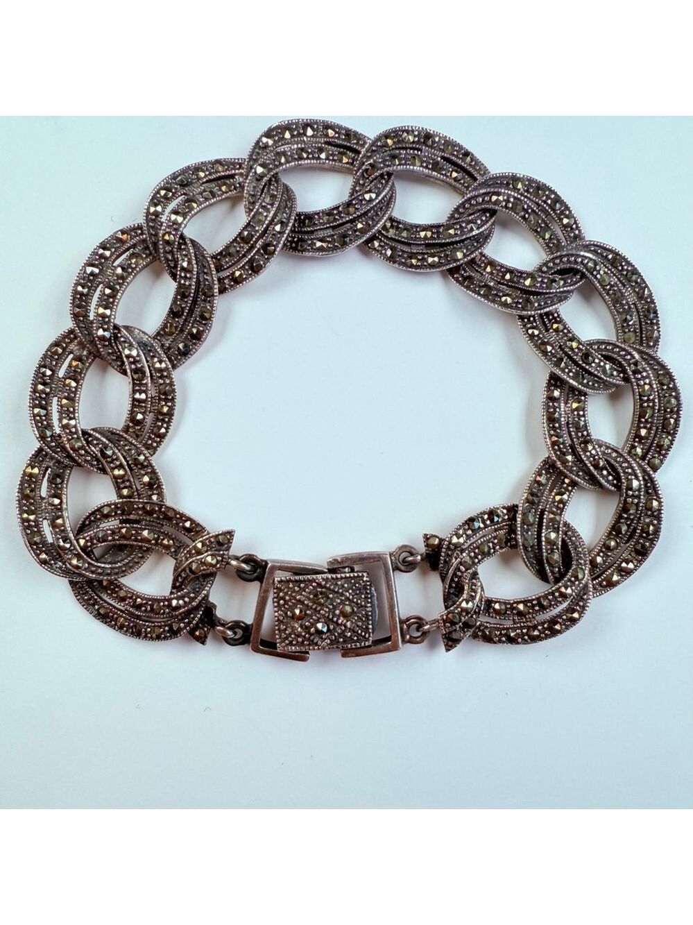 Vintage Large Marcasite 16mm Flat Curb Chain Link Sterling Silver 925 Bracelet - Picture 2 of 10